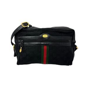 Vintage Gucci Black GG Canvas Web Stripe Crossbody Shoulder Bag Gold